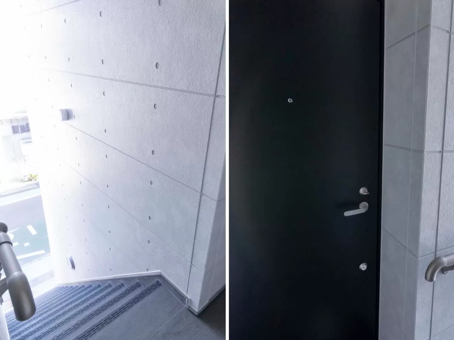 (左)2階踊り場からの階段 / (右)2階玄関ドア