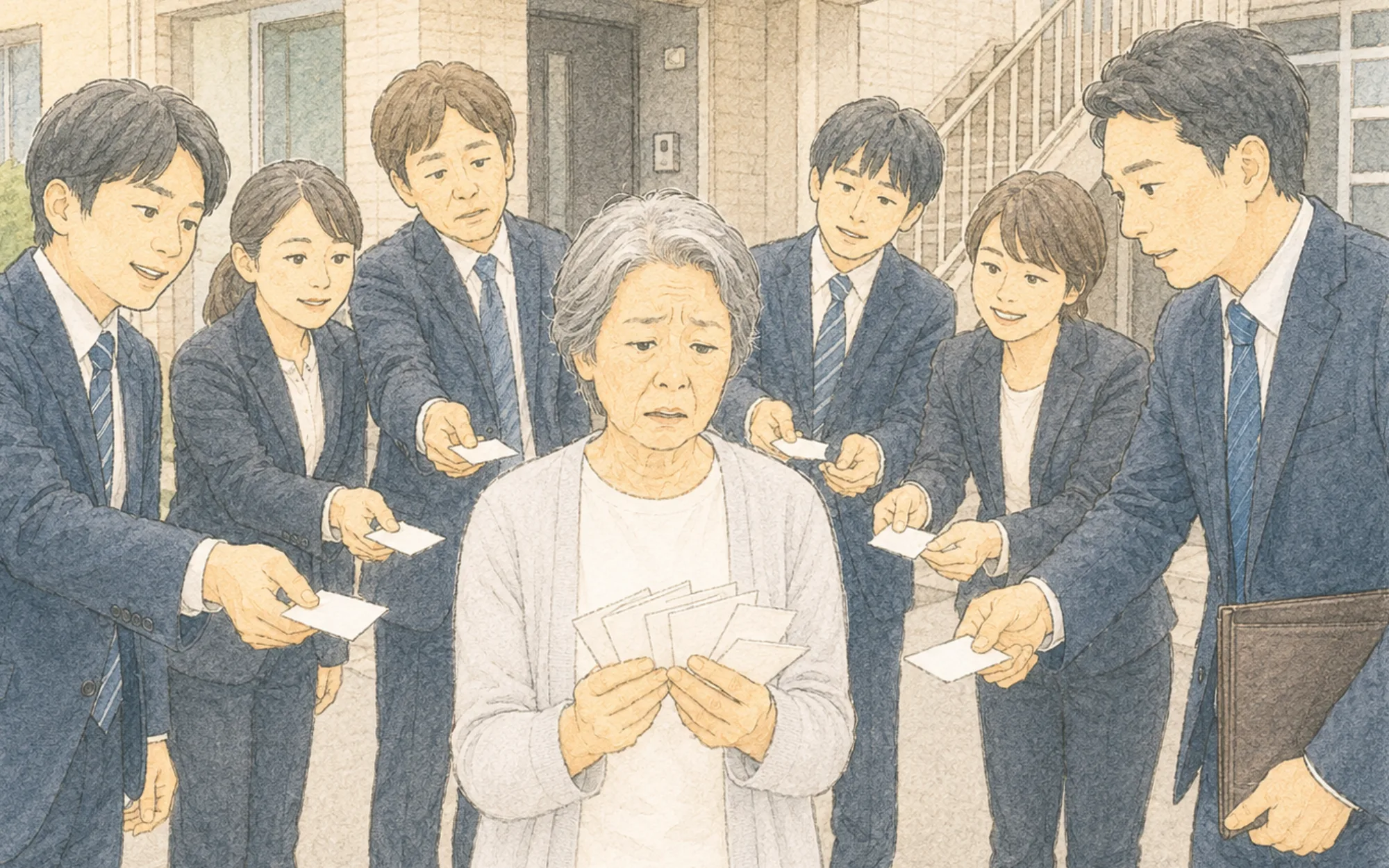 次々と名刺を差し出す担当者たちに戸惑うオーナー