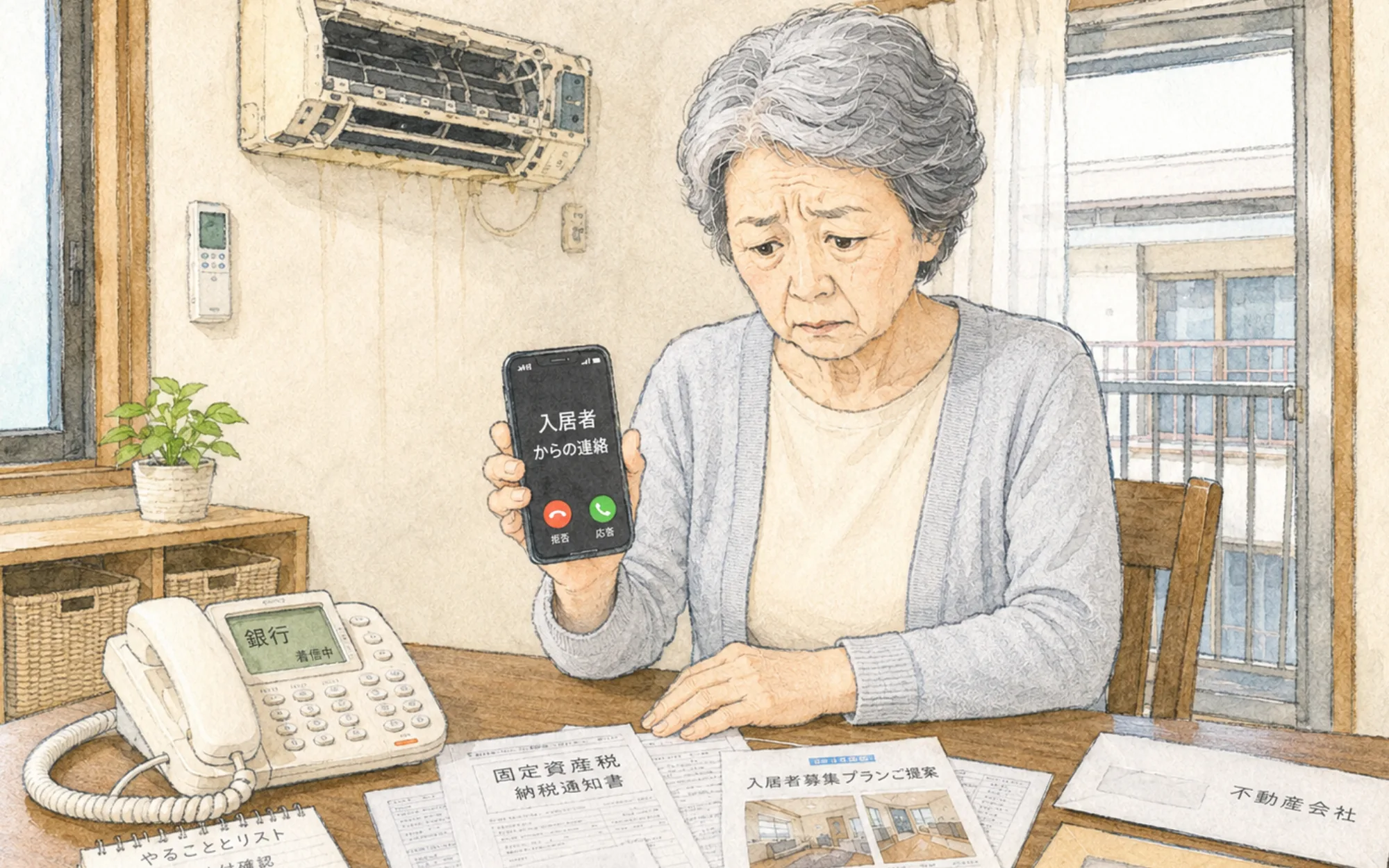 固定資産税や入居者募集の書類を前に不安な表情のオーナー